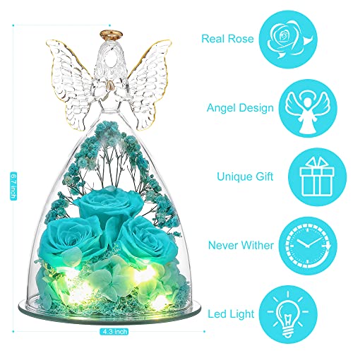 Mothers Day Rose Gifts for Women Preserved Real Flower in Glass Angel Figurines Roses for Delivery Prime Birthday Gifts for Mom Grandma Girlfriend Wife Her - Tify Blue - color: Aqua Blue