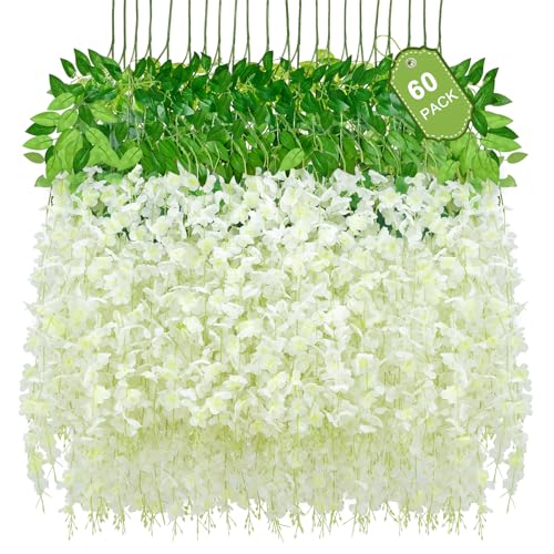 60 Pack White Wisteria Hanging Flowers, Fake Hanging Flowers for Decoration, Artificial Hanging Flowers, Vines for Bedroom, Flower Garland for Home, Party, Garden, Wall, Wedding Decoration(3.6 Ft/Pcs) - color: White, size: 60 Pcs