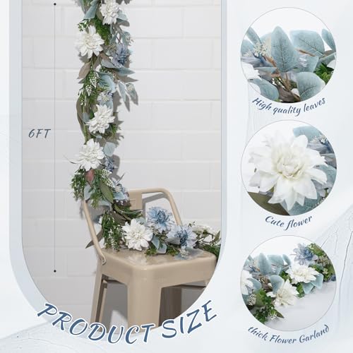 Giegxin 1 Pack 6 ft Artificial Flower Garland with Dahlias and Eucalyptus Blue White Flower Fake Wisteria Vines Summer Greenery Garland for Wedding Mantle Porch Stair Table Indoor Decor - style: Dahlias