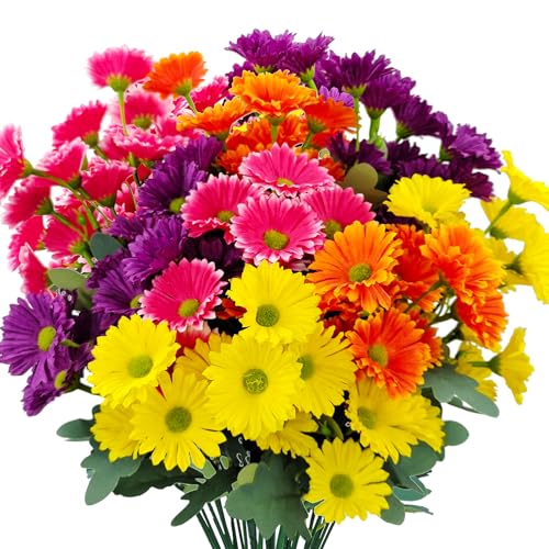 8 Bundles Artificial Silk Daisy Flower Fake Outdoor Bouquet Artificial Bulk Bouquet UV Protection for Garden Front Porch Planter Home Indoor Table Top Vase Decoration (Multi-Color) - color: Mix Color