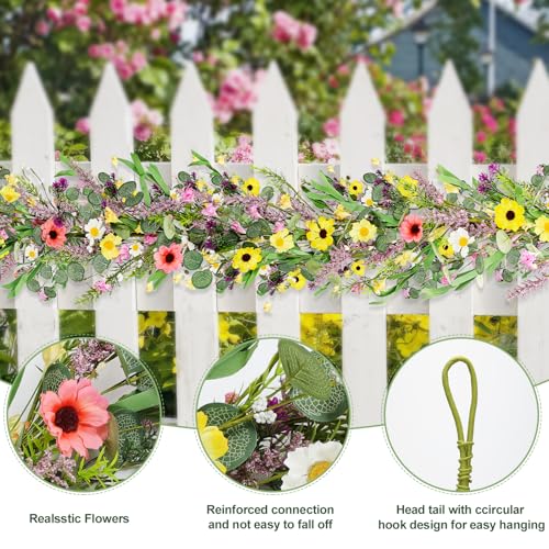 6FT Wildflower Garland, Artificial Spring Floral Garland with Eucalyptus Leaves, Fake Flower Garland for Mantle Fireplace, Wedding Arch, Summer Home Decor, Spring Mantel Garland - color: Wildflower01