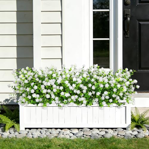 Roberly 24 Bundles Artificial Flowers for Outdoors, UV Resistant Eucalyptus Fake Flowers Shrubs Greenery Plastic Plants for Garden Porch Window Box Farmhouse Indoor Home Decor, White - color: White