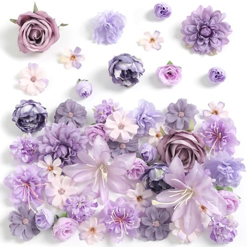 rongflower Fake Flower Heads for Crafts - Purple Silk Artificial Roses, Peonies, Daisies & Mini Floral Heads Bulk (48-Pack) for Wedding Decor, Graduation Cap, Cake Topper, Baby Shower, Home Decoration - color: Purple