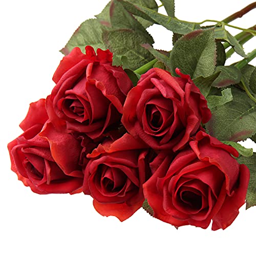 Artificial Realistic Roses Red Flowers 24" Real Touch Silk Roses Bouquet Long Stems Rose for Flower Arrangement Fake Roses Decor for Home Party Wedding Table Centerpieces Roses Realistic - 5 Pcs - color: Red