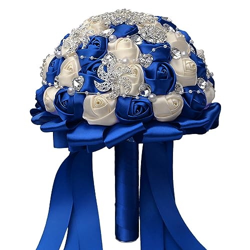 Wedding Bouquets for Bride Handmade Bridesmaid Brooch Bouquet Artificial Rhinestone Satin Rose Flower Tossing Bouquet for Wedding Ceremony Anniversary(Ivory/Royal Blue,18CM) - color: Ivory/Royal Blue, size: 7.1 inches