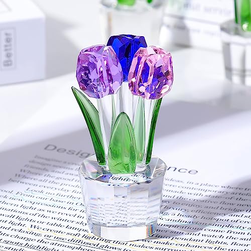 Qianwei Crystal Tulips Flowers Figurine Colorful with Vase - Glass Flower Bouquet Collectible Figurines Crystal Office Home Decor Paperweight - Tulip Gifts for Women Mom Bestfriend Wedding Anniversary - color: Pink Blue Purple Tulip