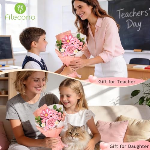 Alecono Crochet Flower Bouquet, Knitted Flowers, Pink Handmade Bouquet of Flowers for Mother's Day Anniversary Birthday Party Graduation Valentine's Day Gifts (Include Card) - color: Pink