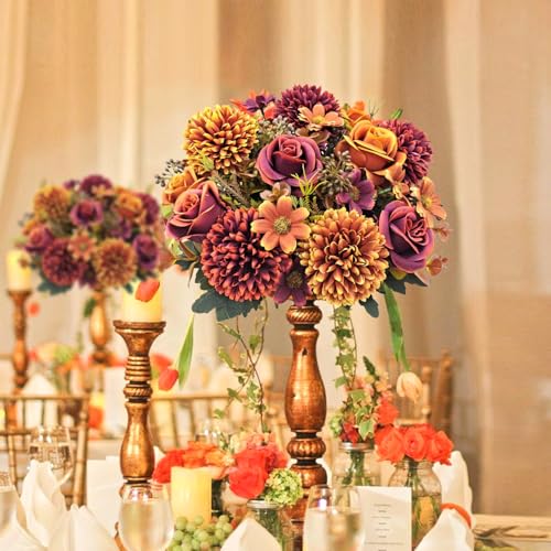 3 Pcs Fall Flowers Artificial Mums Silk Chrysanthemum Rose Daisy Bouquet Fake Mum Faux Floral Arrangements Home Indoor Outdoor Planter Decor Party Wedding Table Autumn Decoration - color: Fall Colors -a
