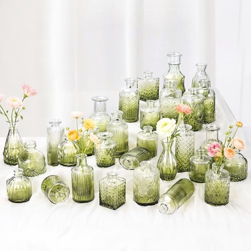 Babenest 30pcs Green Small Bud Vase Set, Mini Gradient Glass Flower Vases in Bulk, Decorations Vintage Little Vase for Rustic Wedding Party Home Office Recepetion Centerpieces Table Decor - color: Green, size: 30pcs