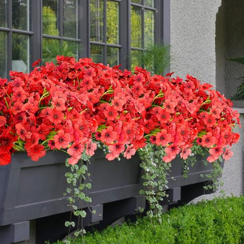 16 Bundles Red Summer Flowers Artificial Outdoor UV Resistant Fake Flowers Summer Outdoor Porch Decor Outside Artificial Plants for Window Box - color: C - Red