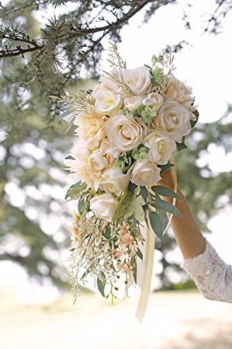 Ansofi Cascading Bouquets for Bride Beige Rose Artificial Bridal Bouquet for Boho Rustic Wedding Ceremony Anniversary - color: Bridal Bouquet