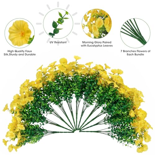 Ouddy Decor 24 Bundles Artificial Flowers for Outdoors Decoration Fake Silk Morning Glory Flowers Faux Eucalyptus Plants UV Resistant for Porch Patio Garden Spring Summer Home Decor, Yellow - color: Yellow