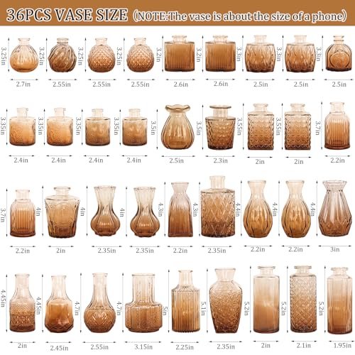 36Pcs Bud Vases Set Small Vintage Glass Bottles Bud Vases in Bulk Multiple Shape Cute Glass Vases for Rustic Wedding Centerpieces Table Decorations and Home Decor(Amber) - color: Amber