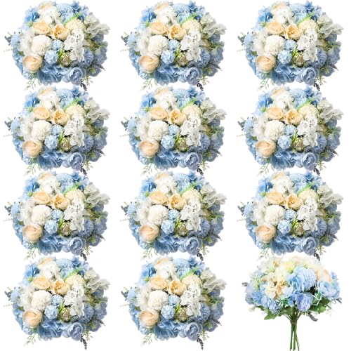 Tigeen Artificial Flowers Artificial Peonies Silk Flowers Faux Peony Fake Peony Silk Hydrangea Bouquet for Wedding Table Centerpiece Floral Vase Decor(White,Blue,12 Bundles) - color: White,blue