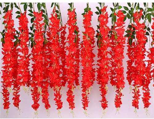 24pcs Wisteria Hanging Flowers,3.6 FT Fake Wisteria,Artificial Wisteria Hanging Flowers Wisteria Garland Arch Silk String for Wedding Garden Party Outdoor Home Wall Decoration (24pcs red)
