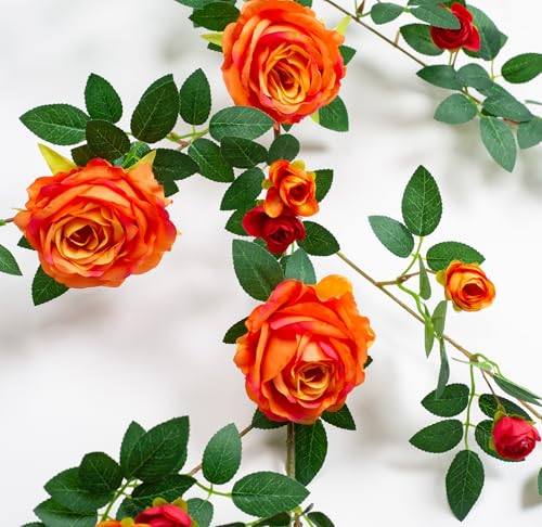 2 PCS 12FT Bendable Flower Garland, Artificial Rose Vine Hanging Floral Garland Decoration for Weding Home Room Wall Decor (Orange, 2pcs) - color: Orange, size: 2pcs