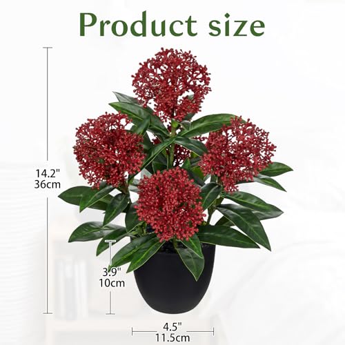 Briful Artificial Potted Flowers, 14.2in Realistic Faux Skimmia Japonica Flowers with Berries Silk Floral Centerpiece for Home Office Bathroom Kitchen Shelf Table Decor, Red - color: Red