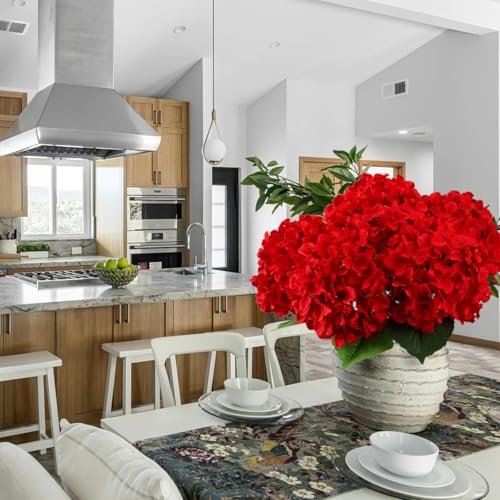 6PCS Large Silk Hydrangea Flowers, 20 in Full Faux Hydrangea Artificial Flowers with Stems Leaves for Fake Bouquets Home Valentines Day Xmas Party Christmas Centerpieces Arrangements (Red) - color: Red