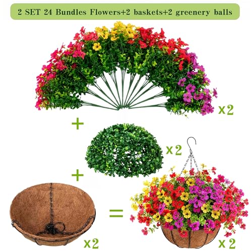 Geegoods 2 Pack Artificial Hanging Flowers for Outdoors, 24 Pcs UV Resistant Faux Mums Flowers with 2 Hanging Baskets, Fake Hanging Plants for Front Porch, Patio, Balcony, Yard and Garden Decor - color: Mix 4 Colors-2packs, size: 2 Packs