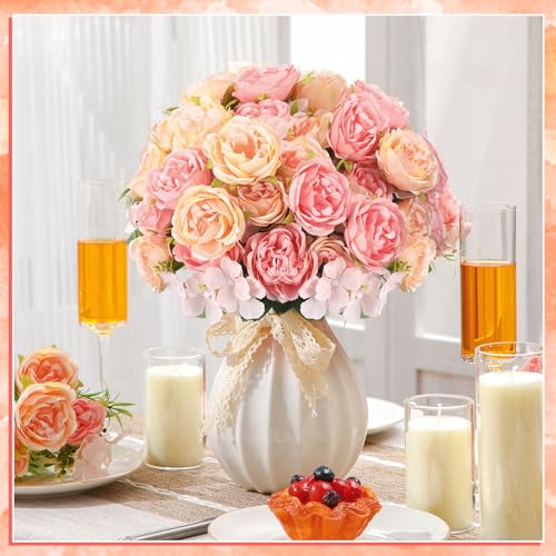 Geosar 8 Bundles Artificial Peonies Flowers Fake Silk Peony Bouquet Faux Peonies Flowers Bulk for Decoration Vase Floral Arrangements Wedding Party Table (Pink,Yellow) - color: Pink, Yellow