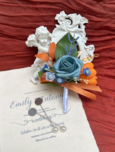 Marriwise 6pcs Rose Boutonniere for Men, Artificial Flowers Burnt Orange & Blue Wedding Groom Groomsmen Boutonniere for Wedding/Anniversary/Prom/Rustic Wedding/Homecoming (Burnt Orange & Blue) - color: Burnt Orange & Blue