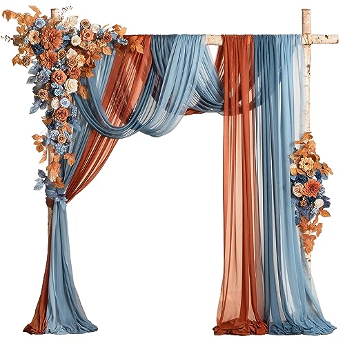 Ling's moment Fall Wedding Arch Flowers with Sheer Drapes Kit - Artificial Orange and Navy Blue Floral Arrangements for Ceremony Backdrop, Arbor Decor, 5-Piece Set (2 Flower Stems + 3 Hanging Drapes) - color: Or-russet Orange & Denim Blue