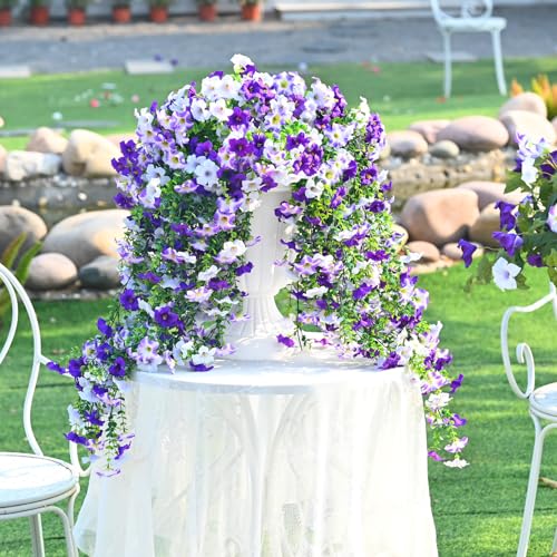 Waipfaru Artificial Petunias Flowers for Outdoors, 4 Pcs UV Resistant Fake Hanging Plants Spring Outside Decor, Faux Silk Flowers Long Trailing Vines for Outdoor Planters Porch Garden (Purple White) - color: Purple, size: 4 PCS
