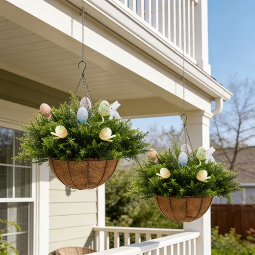 Artificial Easter Hanging Basket - 24 Cedar Branches, 12 Decorative Eggs & 2 Bunny - Easter Porch Decor for Patio, Home, Spring Outdoor/Indoor Hanging Planter 22-Inch 2PCS