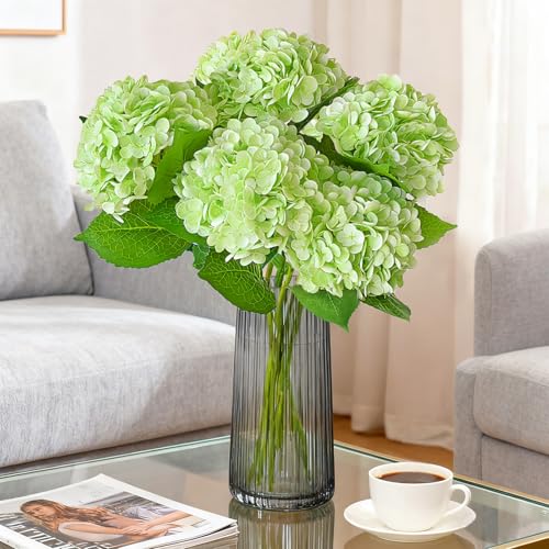 Real Touch Green Hydrangea Artificial Flowers with Stems, Fake Silk Flowers for Outdoors, 3 Pcs Artificial Flowers for Home Decor Wedding Bouquets Centerpieces Vase - color: Green, size: 3 Pcs