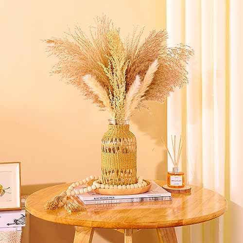 ZENS Rattan Boho Vase, Hand Woven Wicker Cover Glass Flower Vases for Pampas Grass, Artistic Boho Style Country Vase for Fall Flower Decor, Home Table Centerpiece, Farmhouse Decorative