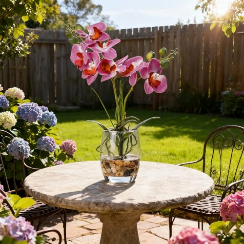 Jusdreen Artificial Purple Orchid in Glass Vase, Realistic Phalaenopsis Arrangement with Potting for Home Office Table Decor, 14.5 Inch Flower Centerpiece - color: Glass-purple