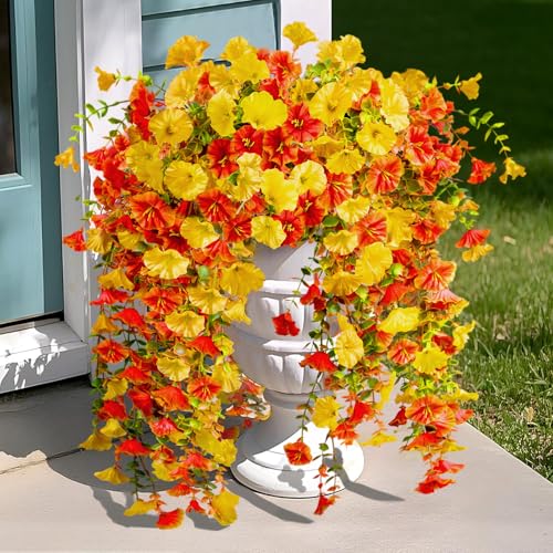 Artificial Flowers for Outdoors Fall Hanging, 4-pack Artificial Morning Glory includes 180 Flowers, Uv-Resistant Faux Silk Fake Realistic Plants for Home Garden Porch Patio Balcony Planter Yard - color: Orange