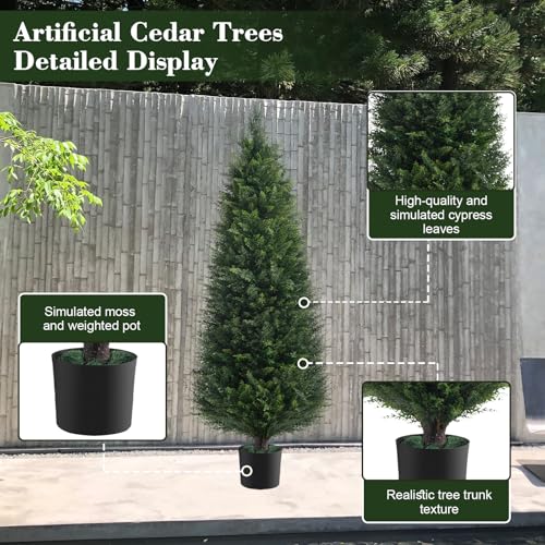 Chillchard Two 5ft Artificial Plants Topairy Faux Cedar Trees for Outdoor Planters, 60IN Tall Fake Pine Bushes UV Resistant Large Potted Shrubs for Front Porch Décor - color: 5 Ft - 2pack