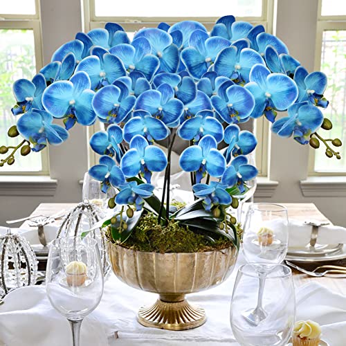 DILATATA 4 Pcs Fake Orchid Flowers 9 Large Heads of Real Touch Vivid Phalaenopsis Orchid Flower Stem 36'' Tall, Artificial Flowers Branches for Home Decor, Office House Deco-Blue Flowers - color: Blue #16