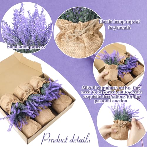 6 Pack Fake Lavender Plant Small Artificial Lavender Flowers Decor Burlap Bag Rustic Plant Potted for Kitchen Farmhouse Home Bedroom Wedding Table Country Indoor Decor