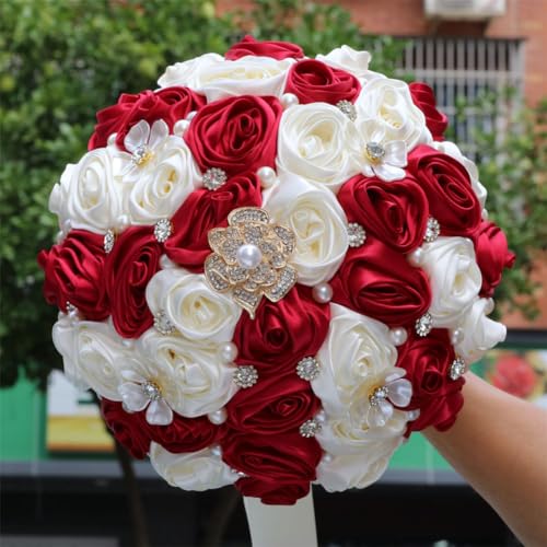 Bridal Wedding Bouquet with Rhinestone Brooch Pearl Bouquet for Bride Bridesmaid Quinceanera Rose Flower Bridal Bouquet Wedding Burgundy and Ivory 9.8in - color: Burgundy & Ivory, size: Extra-large (DIA. 9.8"/25cm)