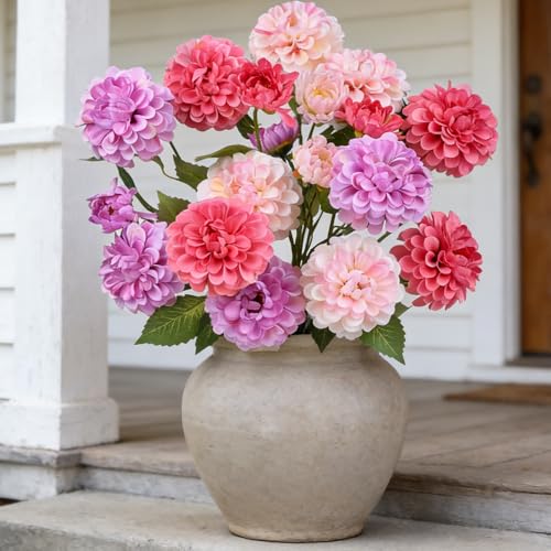INXUGAO Artificial Flowers for Vase,6 Bunches Fake 27.5“ Long Stems Silk Pompon Dahlia for Indoor Outdoors Home Decor, Front Door Porches Yard Patio Garden Planters - [2 Purple + 2 Rose Red + 2 Pink] - color: Purpleroseredpink