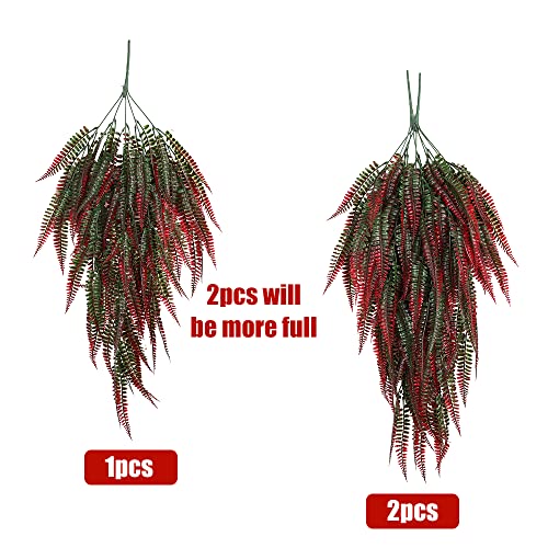 RECUTMS 4Pcs Artificial Boston Fern UV Resistant Fake Hanging Plants Greenery Plastic Ivy Leaves Faux Vines for Wall Garden Wedding Indoor Outdoor Decor (Red) - color: Red
