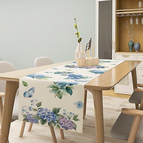 Blue Floral Table Runner, Spring Summer Watercolor Hydrangea Flower Butterfly Country Farmhouse Coffee Table Center Decor for Home Kitchen Dining Patio Holiday Party Table Decorations 13x36 inches - color: Tr-flower01, size: 13x36" Table Runner