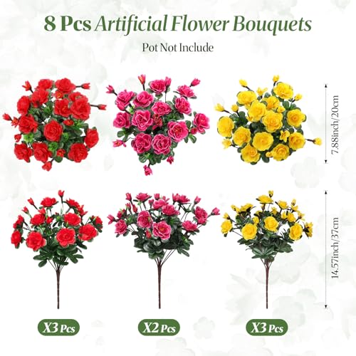 Alupssuc 8 Large Bundles Artificial Flowers for Outdoors Spring Decoration, UV Resistant Faux Flowers Silk Camellia Realistic Fake Flowers for Yard Planter Porch Balcony Garden, RedFuchsiaYellow - color: Red Rose Yellow
