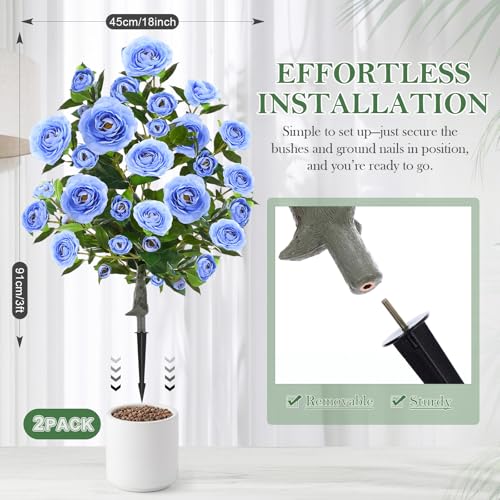 Lunmon 2 Pack 3ft Artificial Camellia Plants Tree 36" Faux Camellia Flower with Spike UV Resistant Realistic Fake Floral Blooming Bush for Indoor Outdoor Front Door Porch Backyard Garden, Light Blue - color: Light Blue, size: 3 ft