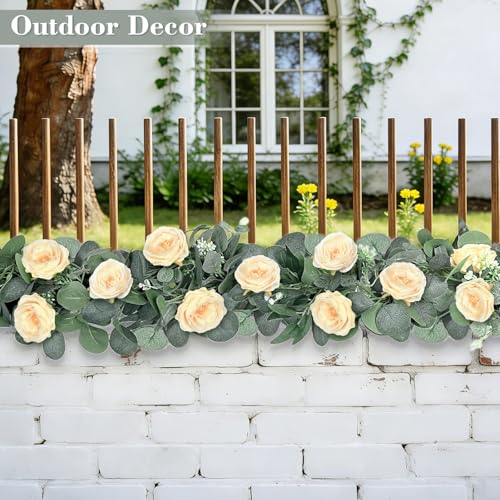 2 Pack Spring Artificial Eucalyptus Flower Garland with Champagne Roses, 13FT Fake Flower Greenery Floral Vines Green Garland for Wedding Arch Table Runner Backdrop Mantle Home Decorations (Champagne) - color: Champagne & Green (2p)