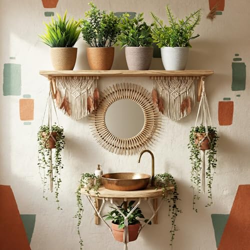 Suncalla 4 Pcs Boho Woven Artificial Plants, 8.7" Small Faux Eucalyptus in Woven Planters, Waterproof Fake Potted Greenery for Farmhouse Bathroom Home Office Shelf Decor