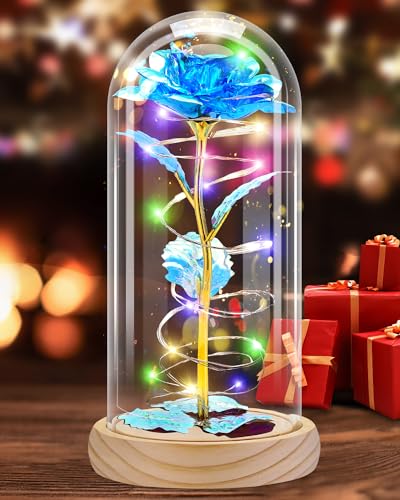 Otlonpe Preserved Artificial Rose Flower Lamp, Forever Women Gifts for Birthday Christmas Valentines Mothers Day, 7.7'' Glass Rose Wood Base Butterfly, Gifts for Mom Grandma Daughter Wife Girlfriend - color: Wood Blue