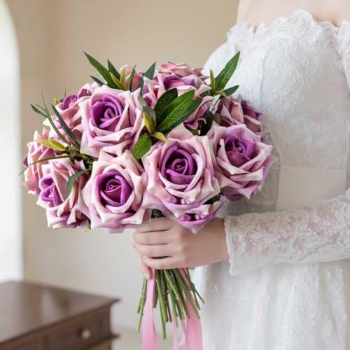 Ttranewsoo Fake Roses Faux Flowers Silk Roses Artificial Roses with Stems Realistic Artificial Flowers 12PCS Suitable for Indoor Home Decoration DIY Bouquet Wedding Decor Party Decor Purple,16.5In - color: Purple 12pcs
