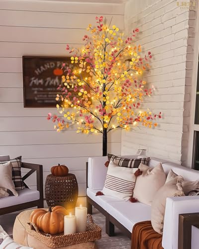 Uieke 6FT 96LED Lighted Thanksgiving Eucalyptus Tree Artificial Tree with 24PCS Pumpkin Lights 8 Modes Thanksgiving Fall Decorations for Home Autumn Decor Indoor Outdoor - style: 6FT Fall Tree(1Pack)