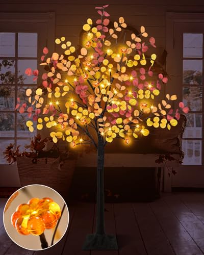 Uieke 4FT 48LED Lighted Fall Eucalyptus Tree Artificial Fall Tree with 12PCS Pumpkins & 8 Modes Thanksgiving Fall Decorations for Home Autumn Decor Indoor Outdoor - style: 4FT Fall Tree(1Pack)