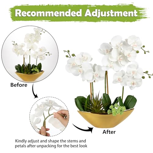 Briful Orchid Artificial Flowers 17in White Fake Orchid Silk Flowers with Gold Ceramic Pot Faux Orchid Arrangement for Home Office Room Coffee Table Centerpiece Modern Decoration - color: White Gold#2