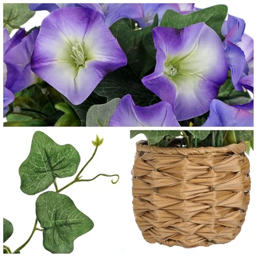 Briful 2 Pack Fake Morning Glory with Handwoven Basket - 8.2" Faux Potted Flowers Silk Floral Table Centerpiece for Home Office Room Shelf Desk Decor - color: Pale Violet