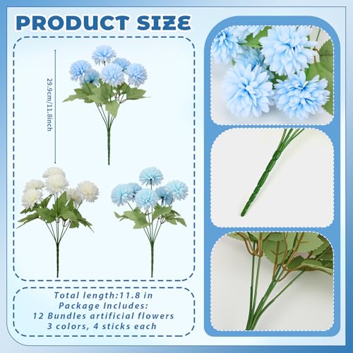 XunYee 12 Pcs Blue Artificial Flowers for Outdoor Decorations Spring Faux Chrysanthemums Mums Blue White Fake Flowers for Outside Garden Porch Window Patio Vase Table Wedding Home Decor - color: Blue